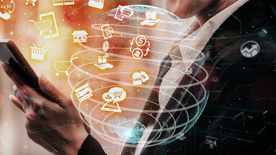 Online shopping and Internet Money Payment Transaction Technology conceptual showing ERP payment automation