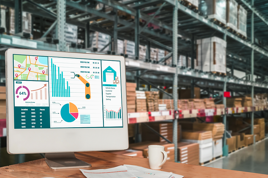 Smart warehouse management system with innovative internet of things technology to identify package picking and delivery . Future concept of supply chain and logistic network business .