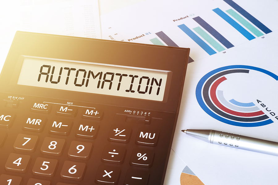 Word Automation on calculator. Business and finance concept.
