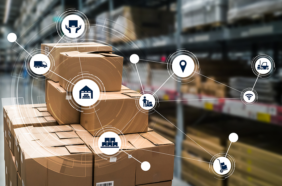 Smart warehouse management system with innovative internet of things technology to identify package picking and delivery . Future concept of supply chain and logistic network business .