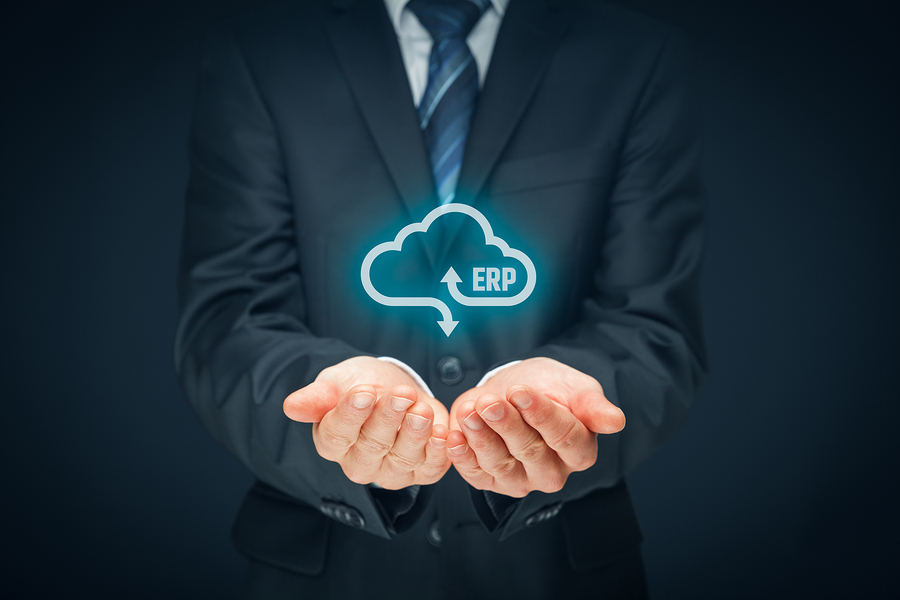 Enterprise resource planning ERP as cloud service concept. Businessman offer ERP business management software as cloud computing service.