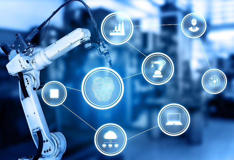 Smart industry robot arms for digital factory production technology showing automation manufacturing process of the Industry 4.0 or 4th industrial revolution and IOT software to control operation .