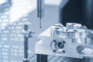 Abstract scene the CMM machine measuring the aluminum parts and G-code data background. The quality control of automotive parts with multi axis CMM machine.
