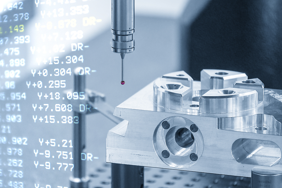 Abstract scene the CMM machine measuring the aluminum parts and G-code data background. The quality control of automotive parts with multi axis CMM machine.