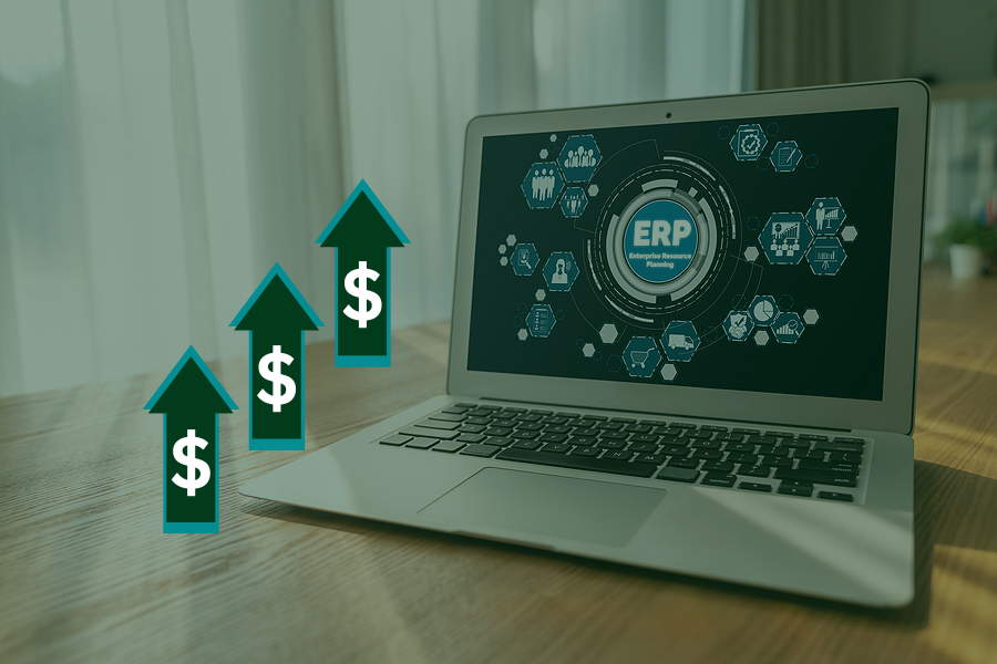 laptop showing ERP software mock-up and arrows with dollar signs representing ERP strategy