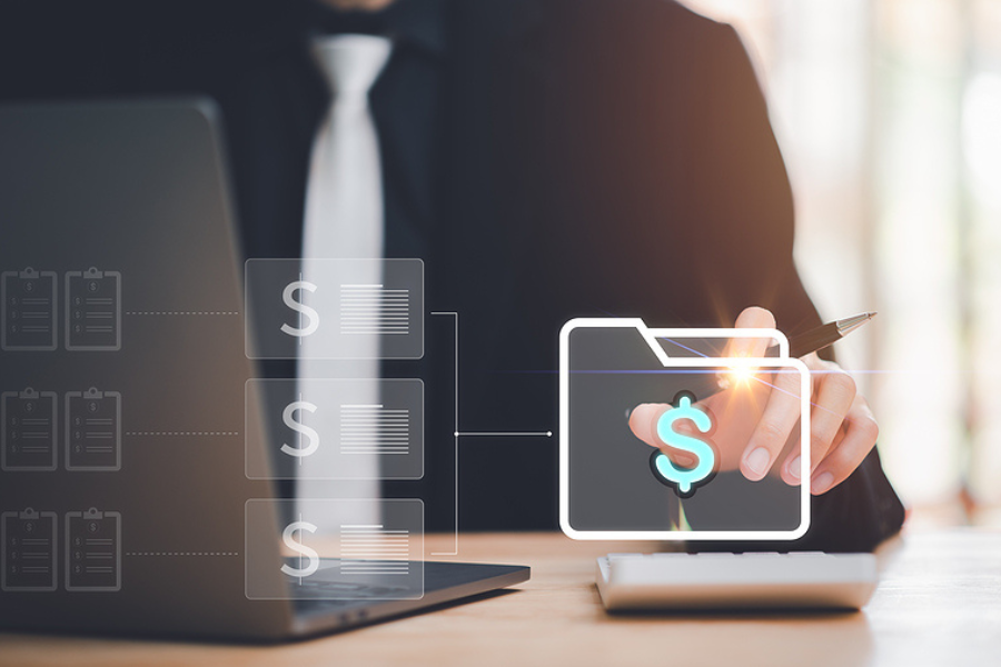 An accountant handles financial documents, calculating financial figures with a calculator, accounting documents, auditor, plan review process and assess correctness, accounting ERP document system management