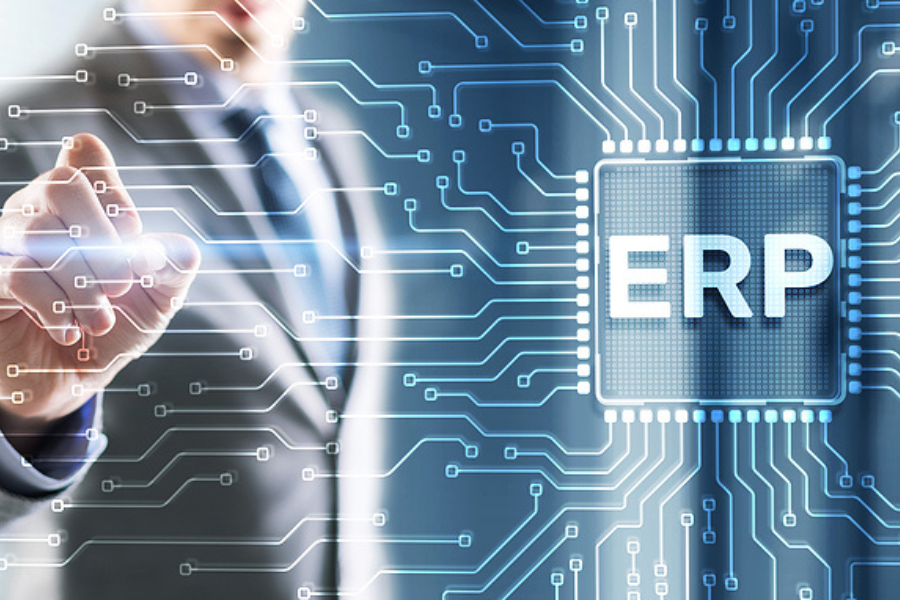 Tapping on the inscription Enterprise Resource Planning ERP Corporate concept. Abstract background on server room background. Accounting ERP software.