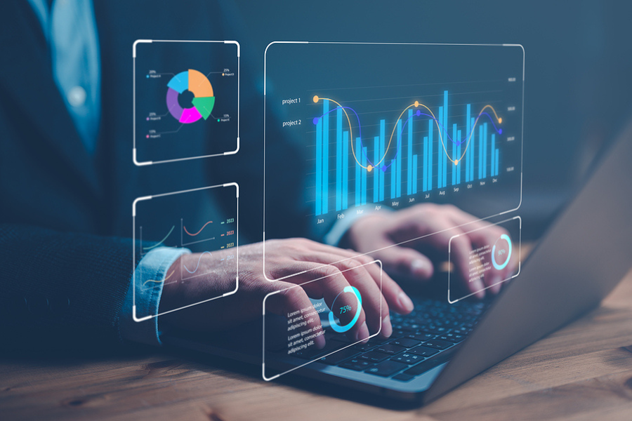 Business and technology Data analyst working on business analytics dashboard with charts, metrics and KPI to analyze performance and create insight reports for operations management. bigdata. ERP implementation.