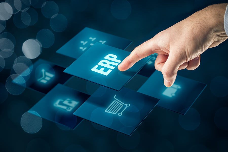 Enterprise resource planning ERP concept. Businessperson clicking on ERP software button. ERP strategy